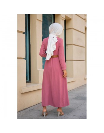Robe longue casual boutonnée avec sa ceinture (Vetement chic pour femme voilée) - Couleur Rose 