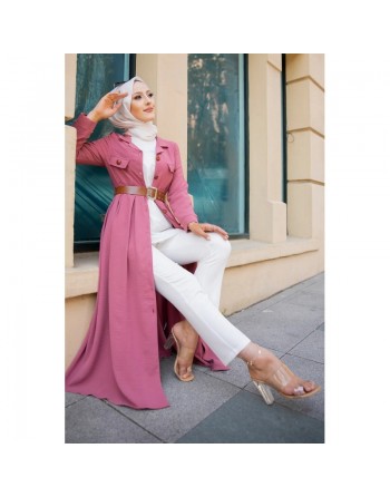 Robe longue casual boutonnée avec sa ceinture (Vetement chic pour femme voilée) - Couleur Rose 