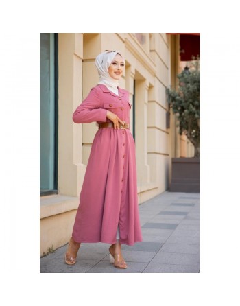 Robe longue casual boutonnée avec sa ceinture (Vetement chic pour femme voilée) - Couleur Rose 