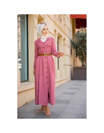 Robe longue casual boutonnée avec sa ceinture (Vetement chic pour femme voilée) - Couleur Rose 