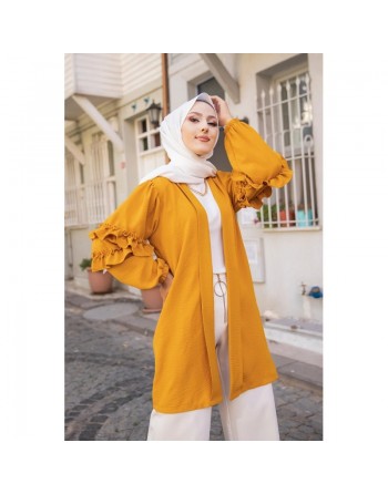 Gilet Veste long col châle manches à froufrou pour femme (Look Hijabista et Modest Fashion) - Couleur moutarde 