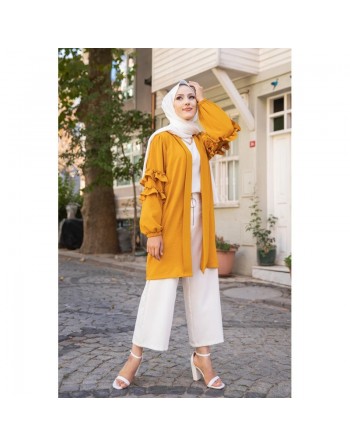 Gilet Veste long col châle manches à froufrou pour femme (Look Hijabista et Modest Fashion) - Couleur moutarde 