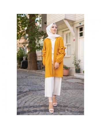 Gilet Veste long col châle manches à froufrou pour femme (Look Hijabista et Modest Fashion) - Couleur moutarde 