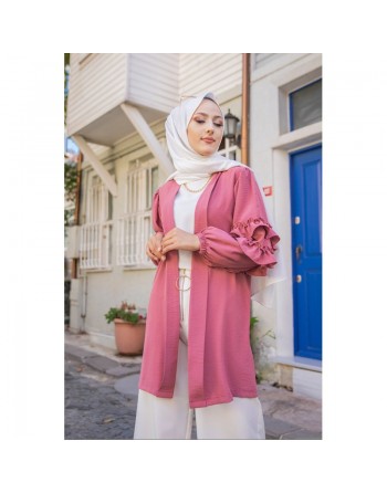 Gilet Veste long col châle manches à froufrou (Look tendance et style Hijabista) - Couleur Rose 