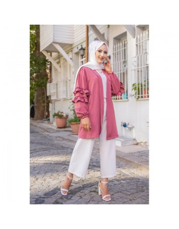 Gilet Veste long col châle manches à froufrou (Look tendance et style Hijabista) - Couleur Rose 