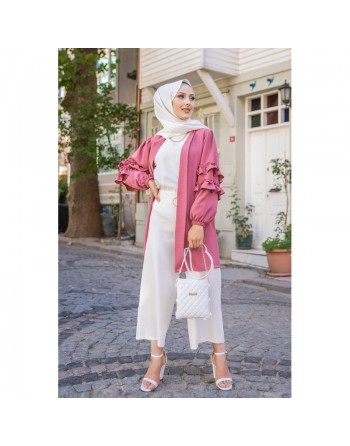 Gilet Veste long col châle manches à froufrou (Look tendance et style Hijabista) - Couleur Rose 