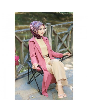 Robe longue fluide entièrement boutonnée devant (Vêtement Hijab Turque Outfit) - Couleur Rose 