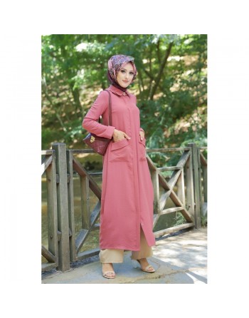 Robe longue fluide entièrement boutonnée devant (Vêtement Hijab Turque Outfit) - Couleur Rose 