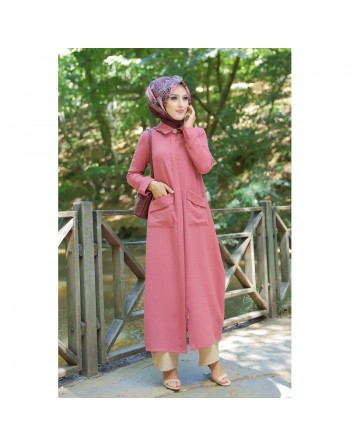 Robe longue fluide entièrement boutonnée devant (Vêtement Hijab Turque Outfit) - Couleur Rose 