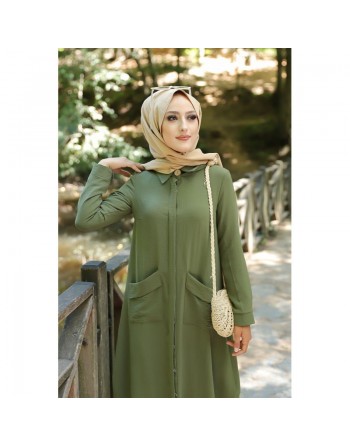 Robe longue fluide entièrement boutonnée devant (Vetement hijab turque casual) - Couleur Kaki 