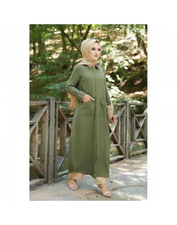 Robe longue fluide entièrement boutonnée devant (Vetement hijab turque casual) - Couleur Kaki 
