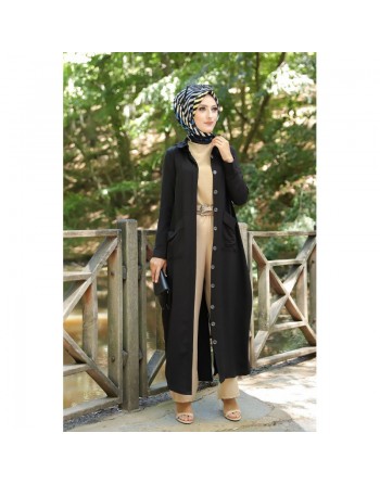 Robe longue fluide entièrement boutonnée devant (Robes hijab casual) - Couleur Noir 