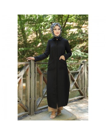 Robe longue fluide entièrement boutonnée devant (Robes hijab casual) - Couleur Noir 