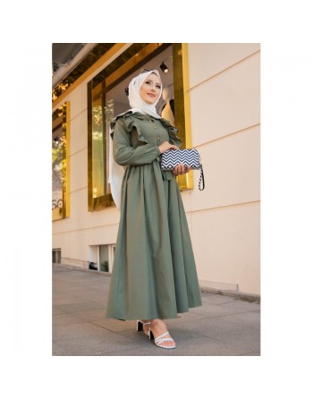 Robe longue boutonnée à froufrou (Tenue pour femme voilée) - Couleur vert Kaki 