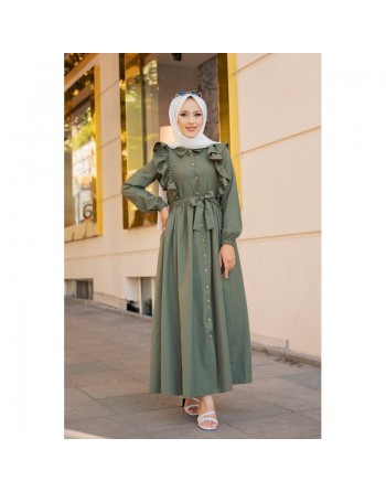 Robe longue boutonnée à froufrou (Tenue pour femme voilée) - Couleur vert Kaki 