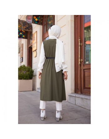 Gilet long sans manches pour femme avec ceinture noire (Mode islamique) - Couleur kaki 