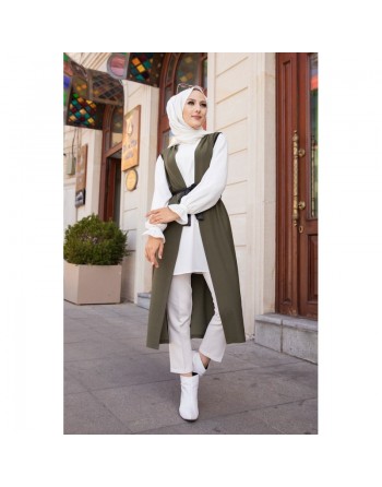 Gilet long sans manches pour femme avec ceinture noire (Mode islamique) - Couleur kaki 