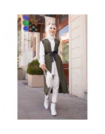 Gilet long sans manches pour femme avec ceinture noire (Mode islamique) - Couleur kaki 