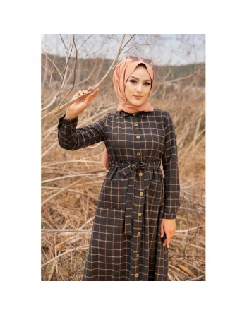Robe chemise longue boutonnée à carreaux - Saison Automne-Hiver (Modest Fashion) - Couleur anthracite et tabac 
