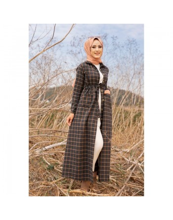 Robe chemise longue boutonnée à carreaux - Saison Automne-Hiver (Modest Fashion) - Couleur anthracite et tabac 