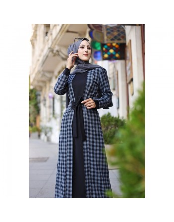 Robe à carreaux type "Kabaya" (Kimono avec Abaya cousue en une seule pièce) - Couleur noir et anthracite 