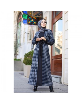 Robe à carreaux type "Kabaya" (Kimono avec Abaya cousue en une seule pièce) - Couleur noir et anthracite 