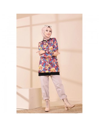 Veste Tunique avec motifs fleurs pour femme - Couleur prune 