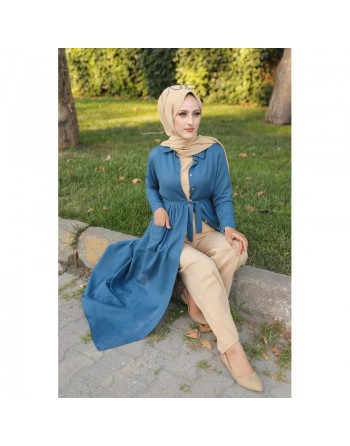 Robe chemise longue avec ceinture (Vêtement ample adapté aux femmes voilées) - Couleur bleu indigo 