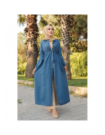 Robe chemise longue avec ceinture (Vêtement ample adapté aux femmes voilées) - Couleur bleu indigo 