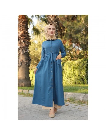 Robe chemise longue avec ceinture (Vêtement ample adapté aux femmes voilées) - Couleur bleu indigo 