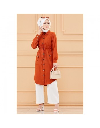 Tunique en dentelle à la taille (Vêtement femme Hijab moderne) - Couleur brique 