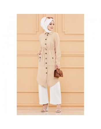 Tunique-Veste longue avec lien de serrage à la taille (Vetement pour femme voilée) - Couleur roche 