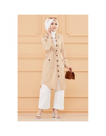 Tunique-Veste longue avec lien de serrage à la taille (Vetement pour femme voilée) - Couleur roche 