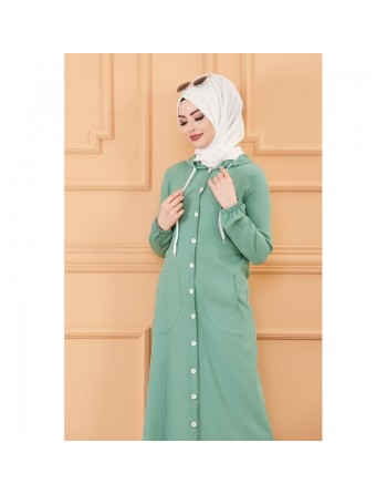Robe-manteau boutonnée avec grandes poches et capuche (Tenue mastoura pour mohajaba) - Couleur menthe 