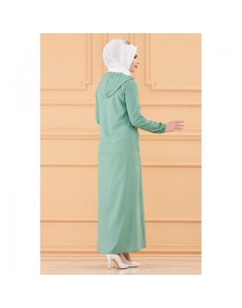 Robe-manteau boutonnée avec grandes poches et capuche (Tenue mastoura pour mohajaba) - Couleur menthe 