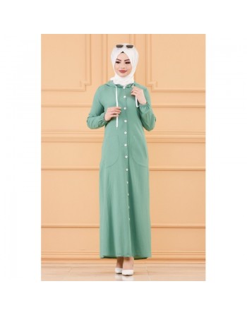 Robe-manteau boutonnée avec grandes poches et capuche (Tenue mastoura pour mohajaba) - Couleur menthe 