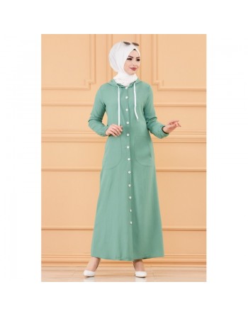 Robe-manteau boutonnée avec grandes poches et capuche (Tenue mastoura pour mohajaba) - Couleur menthe 