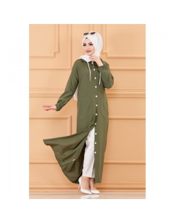 Robe-manteau boutonnée avec grandes poches et capuche (Vêtement mastour pour hijab) - Couleur kaki 