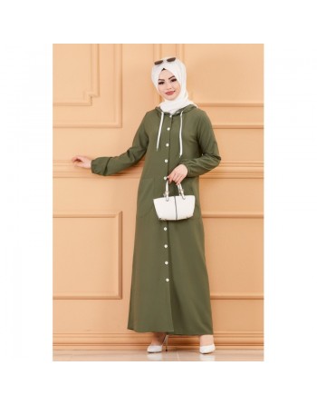 Robe-manteau boutonnée avec grandes poches et capuche (Vêtement mastour pour hijab) - Couleur kaki 