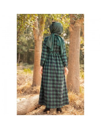 Robe chemise longue à carreaux avec ceinture assortie pour femme - Couleur Vert et noir 