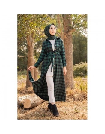 Robe chemise longue à carreaux avec ceinture assortie pour femme - Couleur Vert et noir 
