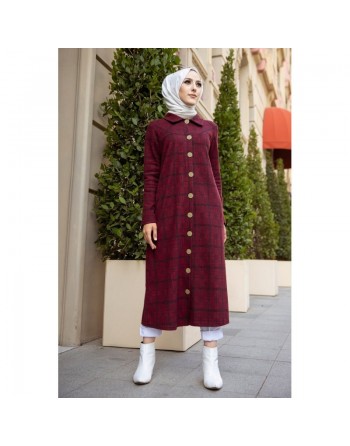 Robe-Veste longue à gros boutons - Couleur bordeaux 
