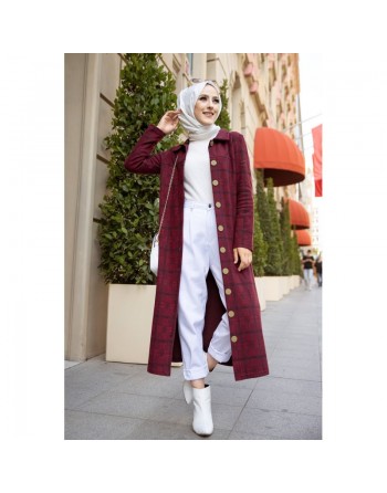 Robe-Veste longue à gros boutons - Couleur bordeaux 