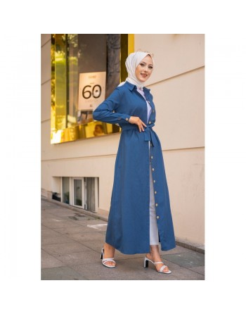 Robe boutonnée avec ceinture assortie pour femme (Tenue de ville chic pour hijab) - Couleur bleu pétrole 