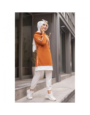 Sweat-Tunique sport bi-colore pour femme voilée - Couleur blanc et rouille 