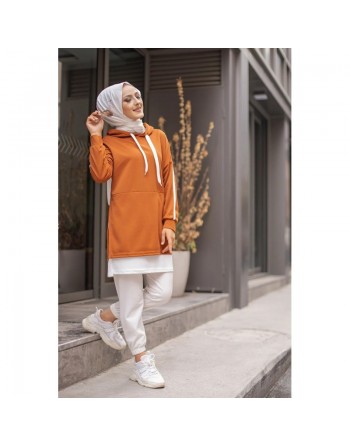 Sweat-Tunique sport bi-colore pour femme voilée - Couleur blanc et rouille 