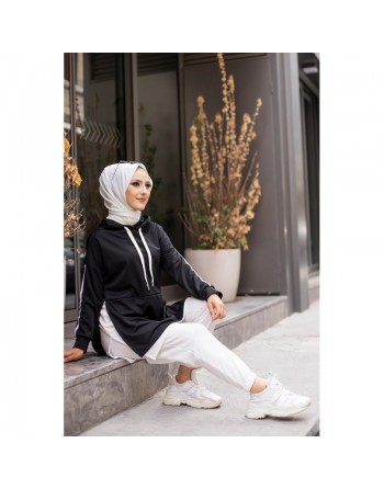 Tunique sportive bicolore pour femme musulmane (Vetement hijab moderne pas cher) - Couleur blanc et noir 