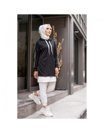 Tunique sportive bicolore pour femme musulmane (Vetement hijab moderne pas cher) - Couleur blanc et noir 