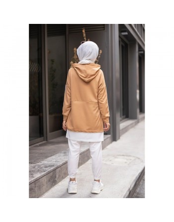 Tunique bicolore pour femme musulmane (Tenue hijab sport Turquie) - Couleur blanc et beige 