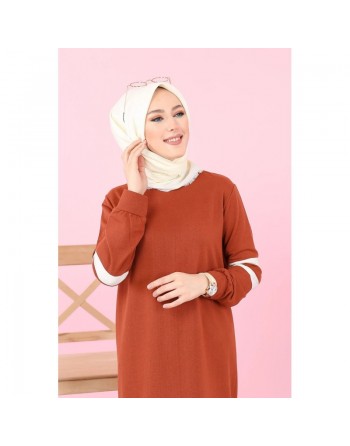 Robe longue style décontracté moderne bi-couleur (Vetement pas cher pour femme voilée) - Couleur brique et blanc 